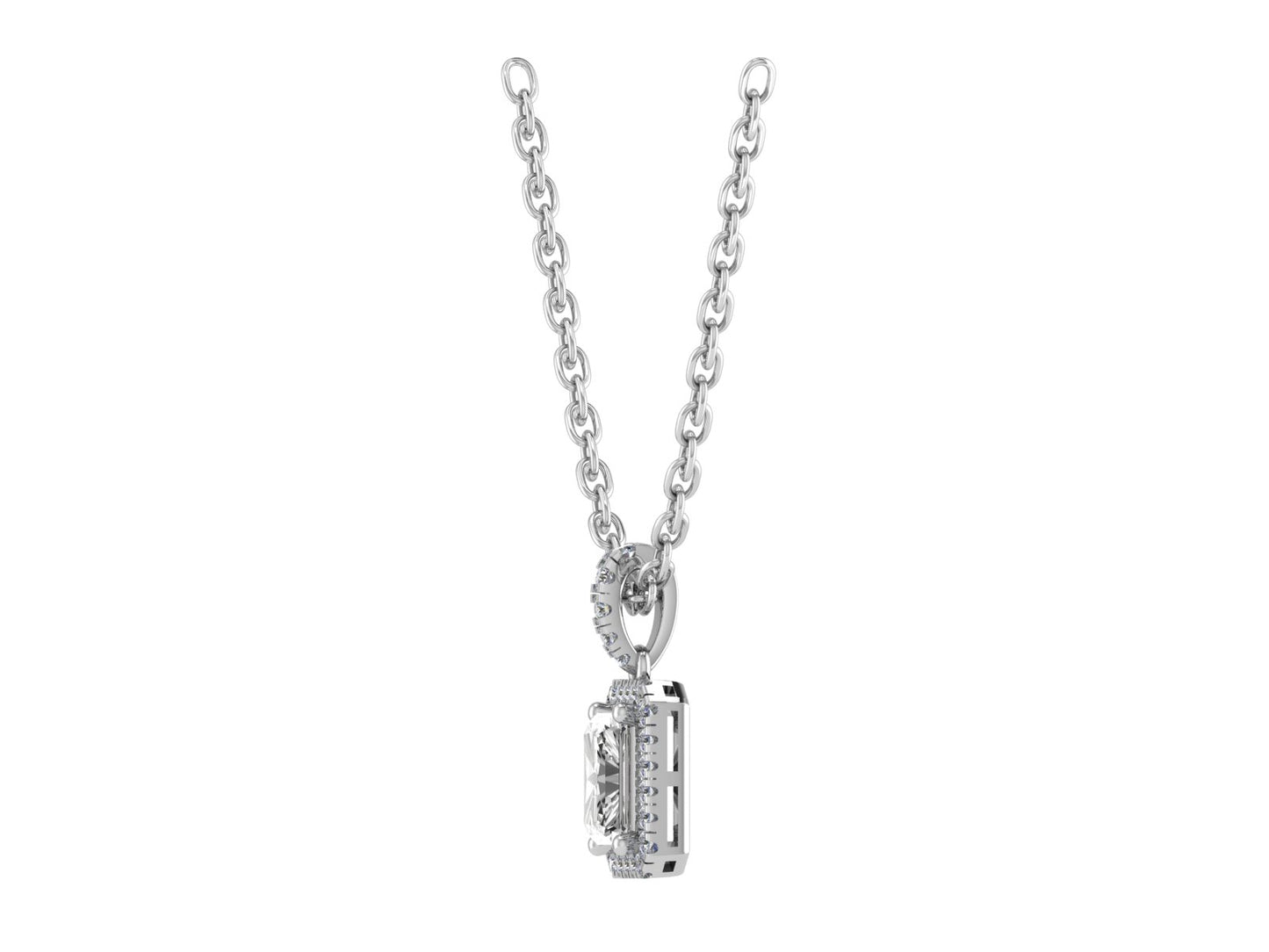 Emerald cut Four Claw Pendant with Diamond Set Halo and Bale 8x6