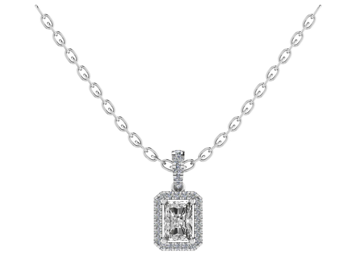 Emerald cut Four Claw Pendant with Diamond Set Halo and Bale 8x6