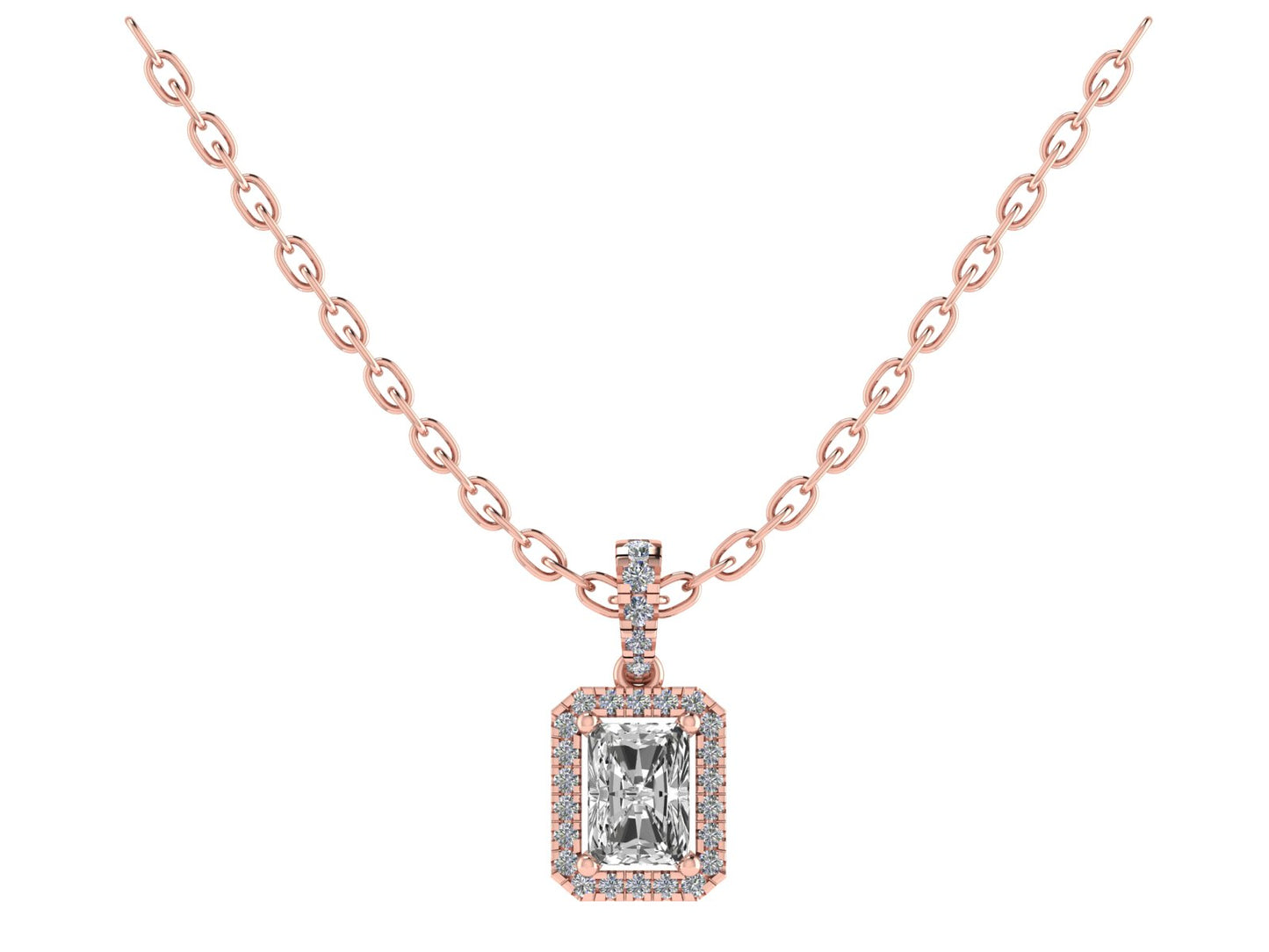 Emerald cut Four Claw Pendant with Diamond Set Halo and Bale 8x6