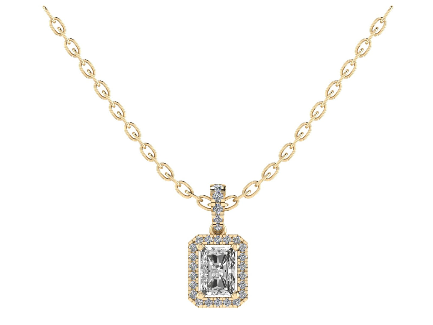 Emerald cut Four Claw Pendant with Diamond Set Halo and Bale 8x6