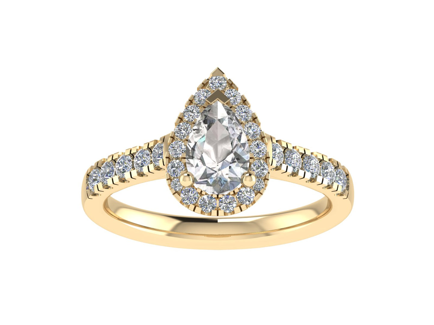 Pear three claw ring with micro-set diamond halo and micro-set diamond shoulders 5x3mm