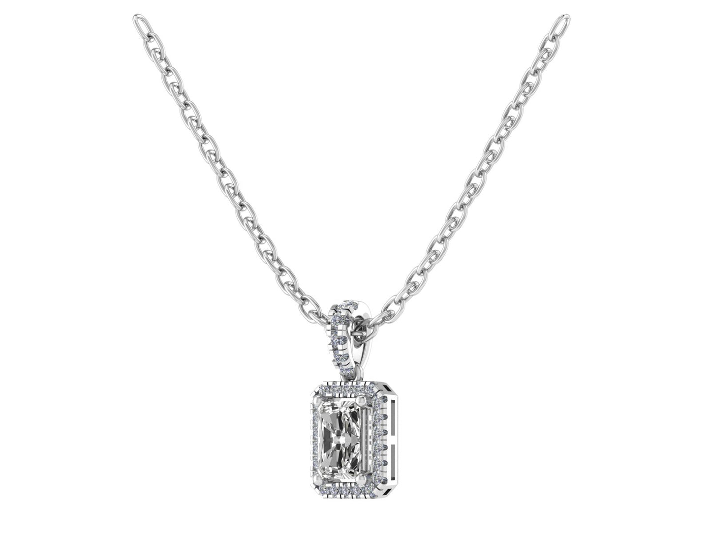 Emerald cut Four Claw Pendant with Diamond Set Halo and Bale 6x4