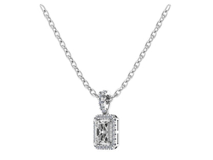 Emerald cut Four Claw Pendant with Diamond Set Halo and Bale 6x4