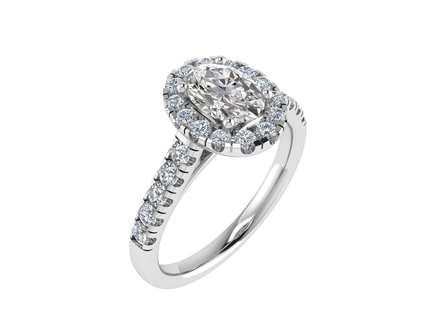Oval Ring with Diamond Halo and Diamond set shoulders 6.5x4.5mm